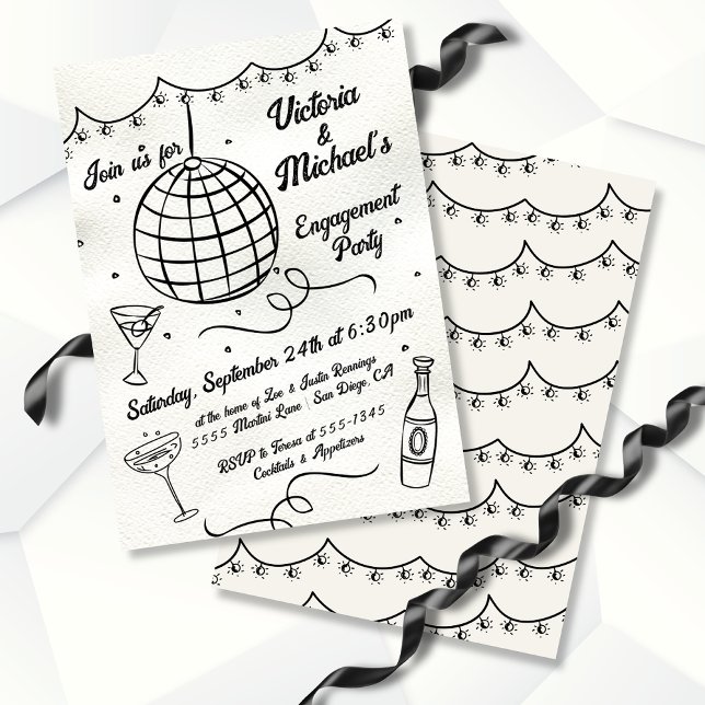 Hand Drawn Disco Ball Funky Engagement Party Invitation (Creator Uploaded)