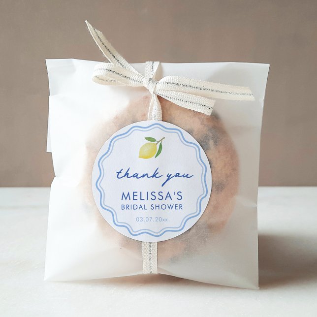 Hand-drawn Dolce Vita Lemon Bridal Shower Favor Classic Round Sticker (Dolce Vita Lemons With Blue wavy line doodle border fresh and modern bridal shower favor stickers)