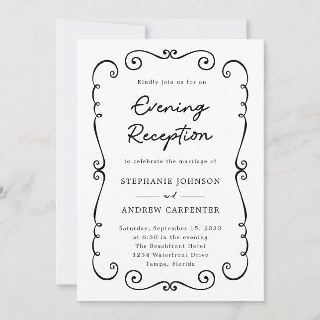 Hand Drawn Doodle Border Evening Wedding Reception Invitation (Front)