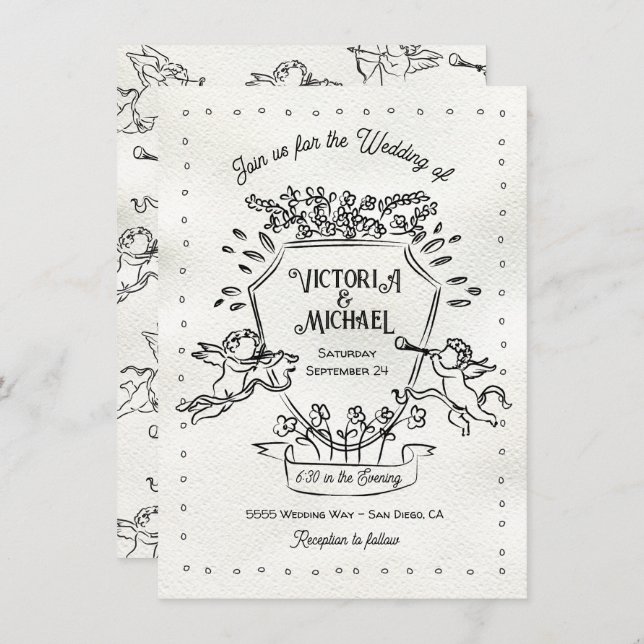 Hand Drawn Doodle Cherub Cupid Crest Wedding Invitation (Front/Back)
