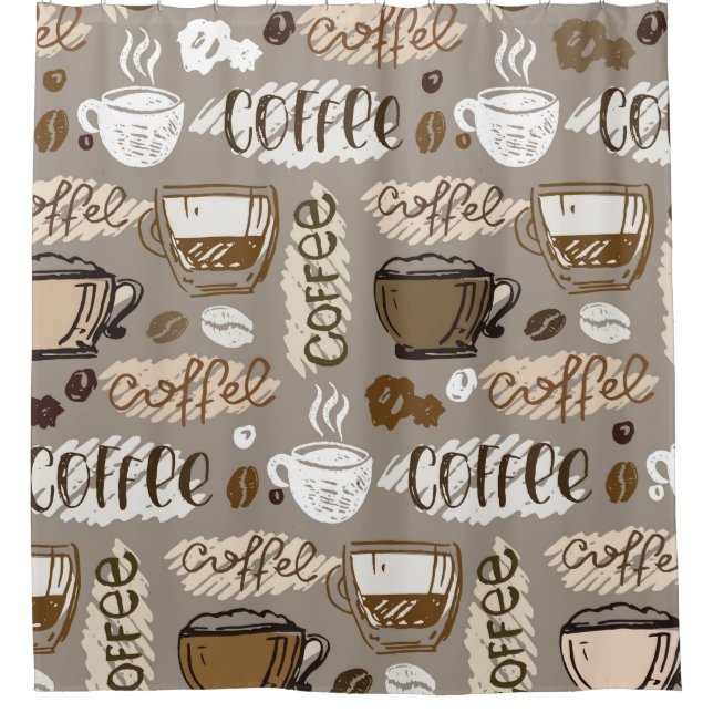 Hand drawn doodle coffee pattern background shower curtain (Front)