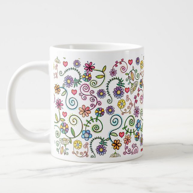 Hand Drawn Doodle Colourful Floral seamless patter Large Coffee Mug (Left)