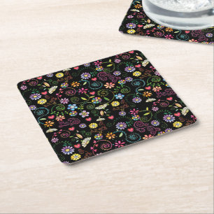 Hand Drawn Doodle Colourful Floral seamless patter Square Paper Coaster