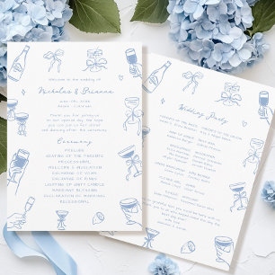Hand Drawn Doodle Dusty Blue Wedding  Program Programme