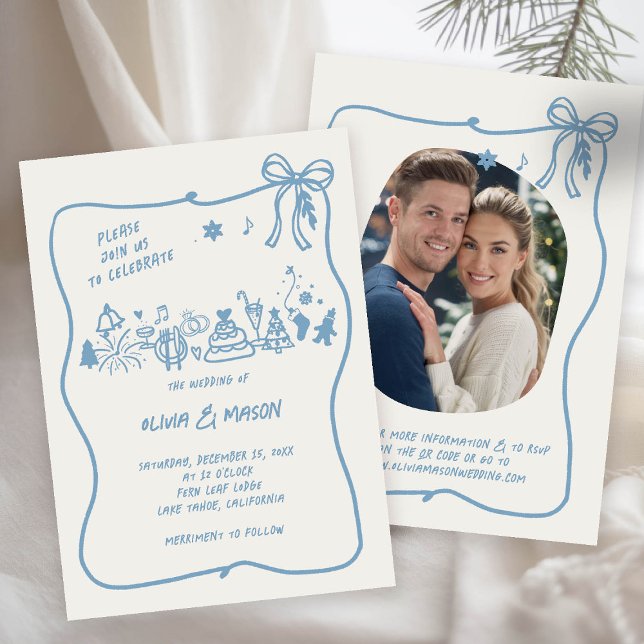 Hand-Drawn Doodle Frame Bow Winter Blue QR Wedding Invitation (winter wedding invitation frozen blue doodle hand drawn illustration bow squiggle whimsical qr photo)