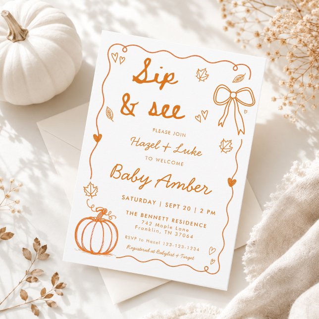 Hand Drawn Doodle Frame Pumpkin Fall Sip and See Invitation (Creator Uploaded)