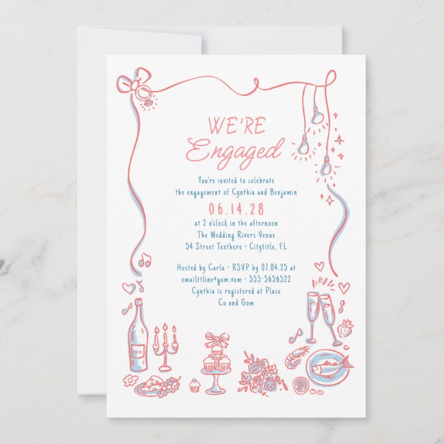 Hand Drawn Doodle Funky Whimsical Engagement Party Invitation (Front)