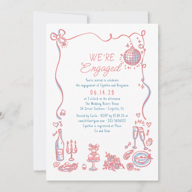 Hand Drawn Doodle Funky Whimsical Engagement Party Invitation (Front)