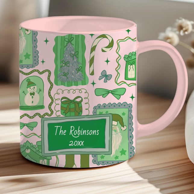 Hand Drawn doodle green pink christmas Mug (Creator Uploaded)