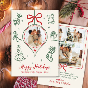 Hand-Drawn Doodle Green Red Photo Christmas Happy Holiday Card