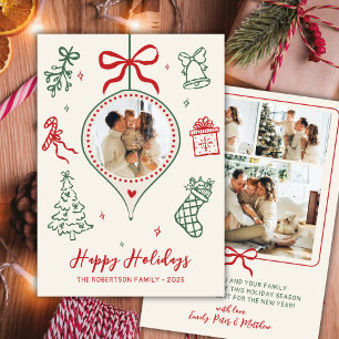 Hand-Drawn Doodle Green Red Photo Christmas Happy Holiday Card