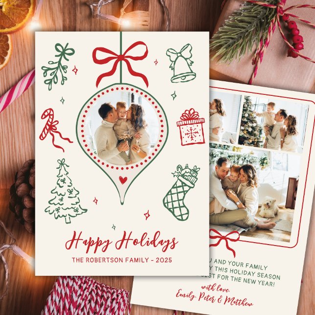 Hand-Drawn Doodle Green Red Photo Christmas Happy Holiday Card (Creator Uploaded)