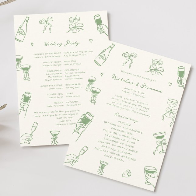 Hand Drawn Doodle Green Wedding  Programme (Creator Uploaded)