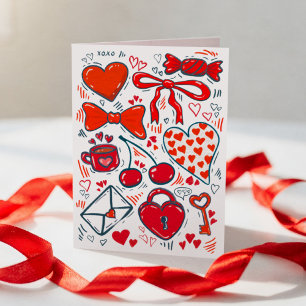 Hand Drawn Doodle Happy Valentines Cute Hearts Card