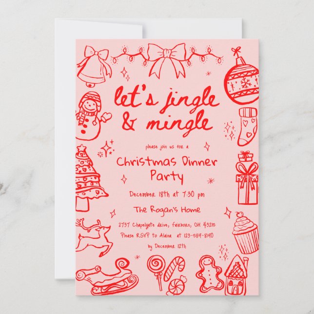 Hand Drawn Doodle Illustration Christmas Party Invitation (Front)