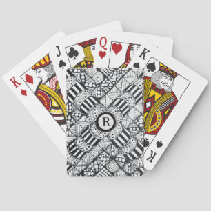 Hand-Drawn Doodle in Black and White with Monogram Playing Cards