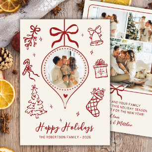 Hand-Drawn Doodle Ivory Red Photo Christmas Happy Holiday Card