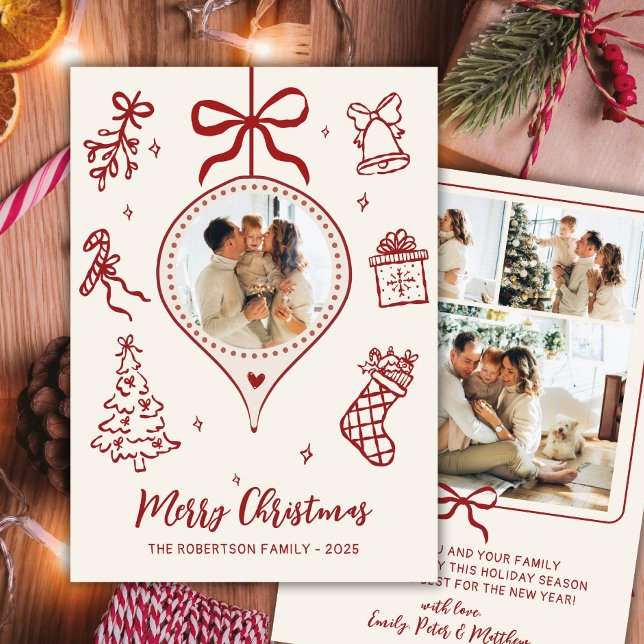 Hand-Drawn Doodle Ivory Red Photo Merry Christmas Holiday Card (Creator Uploaded)