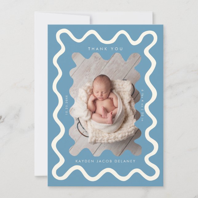 Hand Drawn Doodle Line Denim Blue Birth Announcement (Front)