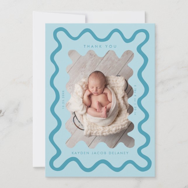 Hand Drawn Doodle Line Turquoise Birth Announcement (Front)