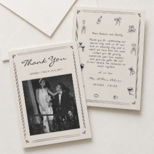 Hand Drawn Doodle Old Money Wedding Photo Thank You Card