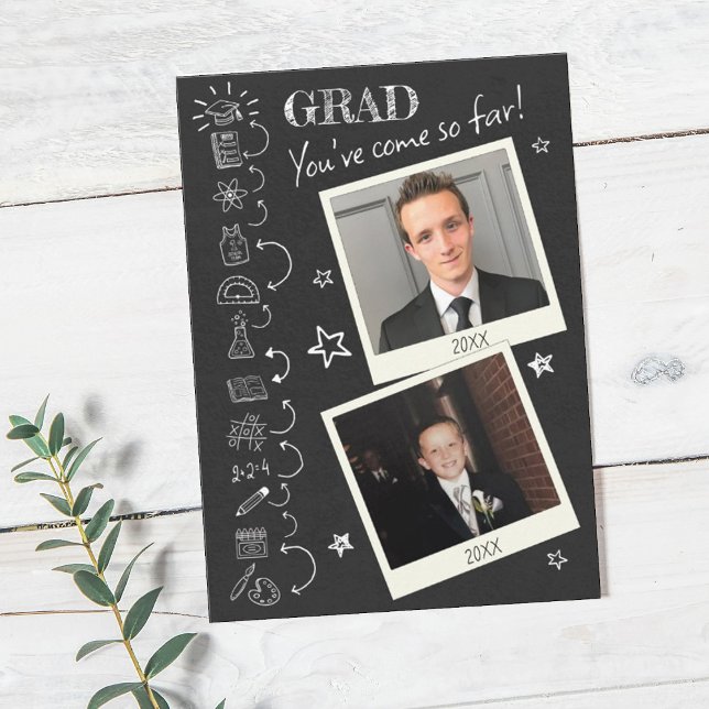 Hand Drawn Doodle Photo Graduation Party  Invitation (Polaroid photos with doddle hand drawn black chalkboard Graduation Invitation)