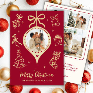 Hand-Drawn Doodle Red Gold Photo Merry Christmas Holiday Card
