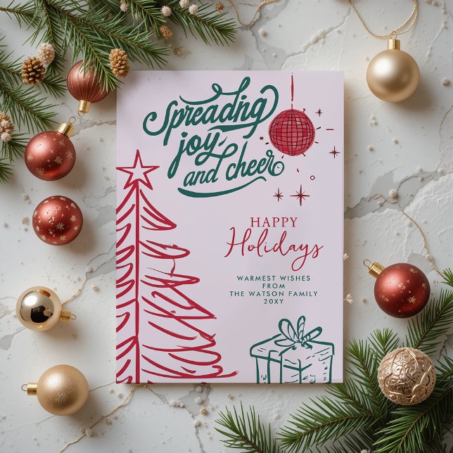 Hand Drawn Doodle Red Green Pink Christmas Holiday Card (Hand Drawn Doodle Red Green Pink Christmas Holiday Card)