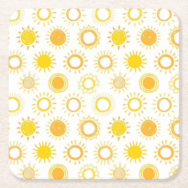 Hand Drawn Doodle Suns Pattern Square Paper Coaster (Front)