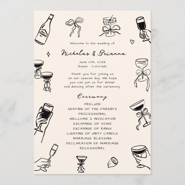 Hand Drawn Doodle Wedding  Programme (Front)