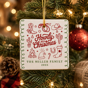 Hand Drawn Doodle Western Howdy Christmas Ceramic Ornament