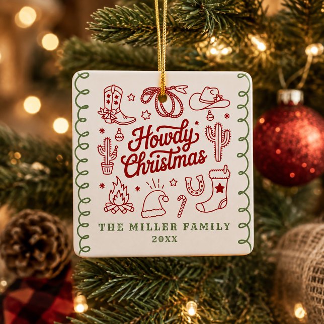 Hand Drawn Doodle Western Howdy Christmas  Ceramic Ornament (Hand Drawn Doodle Western Howdy Christmas Ceramic Ornament)