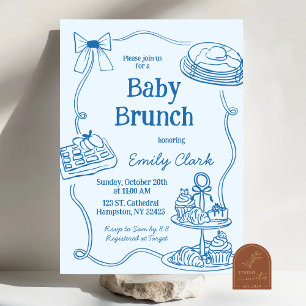 Hand Drawn Doodles Blue Baby Brunch Invitation