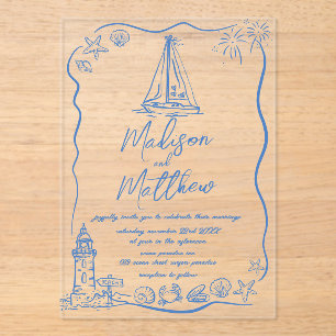 Hand Drawn Doodles Boat Beach Nautical Wedding Acrylic Invitations
