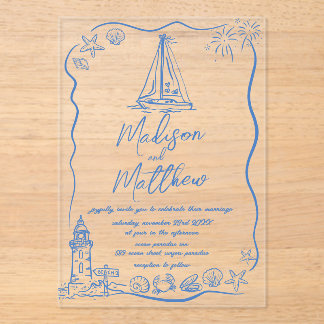 Hand Drawn Doodles Boat Beach Nautical Wedding Acrylic Invitations