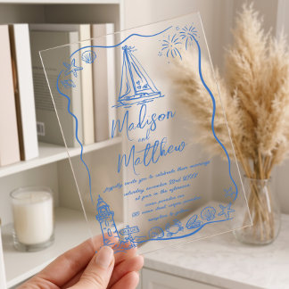 Hand Drawn Doodles Boat Beach Nautical Wedding  Acrylic Invitations