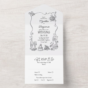 Hand Drawn Doodles Funky Quirky Modern Wedding All In One Invitation