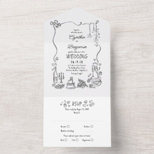 Hand Drawn Doodles Funky Quirky Modern Wedding All In One Invitation