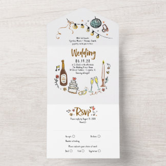 Hand Drawn Doodles Funky Quirky Modern Wedding All In One Invitation