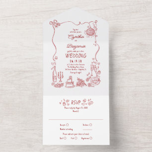 Hand Drawn Doodles Funky Quirky Modern Wedding All In One Invitation