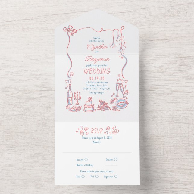 Hand Drawn Doodles Funky Quirky Modern Wedding All In One Invitation (Inside)