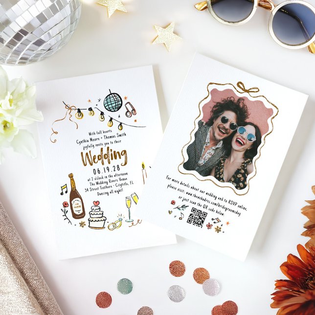 Hand Drawn Doodles Funky Wedding & Details Photo Invitation (Whimsical Funky Hand Drawn Wedding Photo Invitation with Details and QR code)
