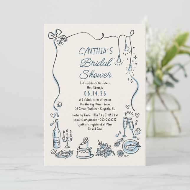 Hand Drawn Doodles Funky Whimsical Bridal Shower Invitation (Standing Front)