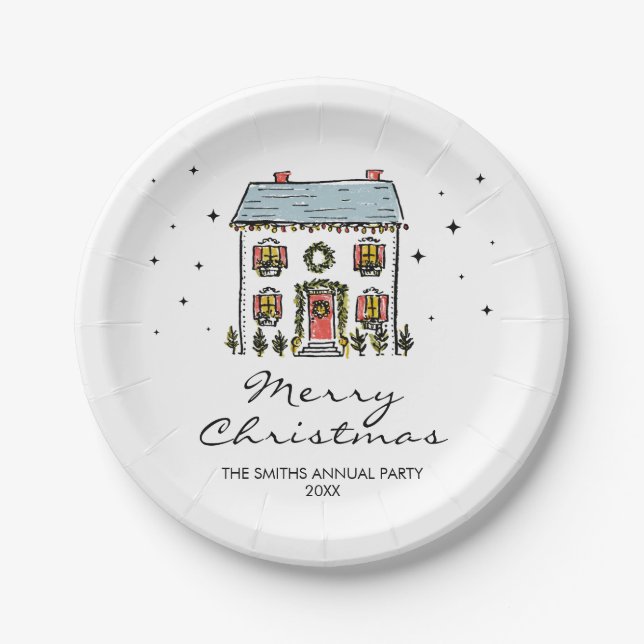 Hand-Drawn Doodles Home Christmas Party Paper Plate (Front)