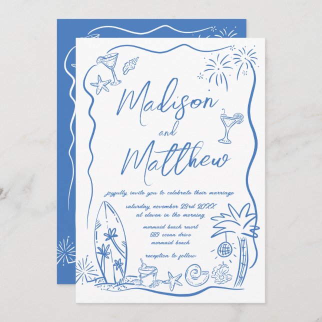 Hand Drawn Doodles Illustrations Beach Wedding Invitation (Front/Back)