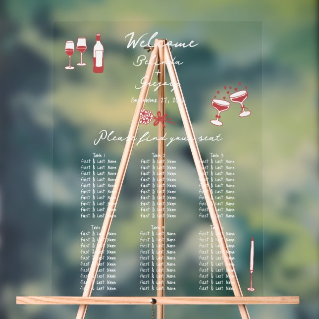 Hand Drawn Doodles Maroon Wedding Seating Chart (Neutral)