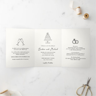 Hand Drawn Doodles Modern Wedding Tri-Fold Invitation