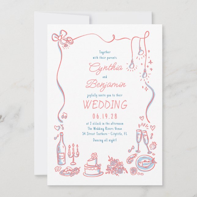 Hand Drawn Doodles Whimsical Wedding Photo Invitation (Front)
