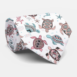 Hand drawn doodling sea turtle ethnic pattern tie