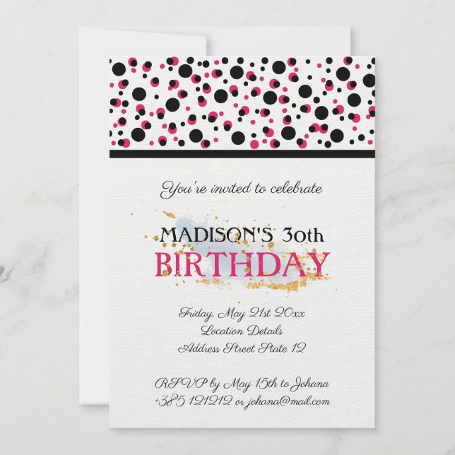 Hand Drawn Dots Pattern Pink And Black Invitation (Front)